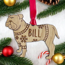 Load image into Gallery viewer, Personalised Bulldog Bauble Jumper Dog Bauble - Oak Veneer Wood - Add any name