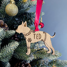 Load image into Gallery viewer, Personalised Boston Terrier Bauble Jumper Dog Bauble - Oak Veneer Wood - Add any name