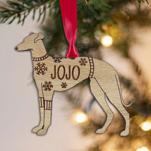 Load image into Gallery viewer, Personalised Greyhound Bauble Jumper Dog Bauble - Oak Veneer Wood - Add any name