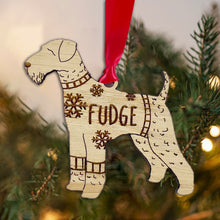 Load image into Gallery viewer, Personalised Airdale Terrier Bauble Jumper Dog Bauble - Oak Veneer Wood - Add any name