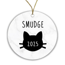 Load image into Gallery viewer, Personalised Ceramic Gift Boxed Cat Name and Year Bauble Christmas Tree Decoration