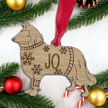 Load image into Gallery viewer, Personalised Rough Collie Bauble Jumper Dog Bauble - Oak Veneer Wood - Add any name