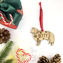 Load image into Gallery viewer, Personalised Shetland Bauble Jumper Dog Bauble - Oak Veneer Wood - Add any name