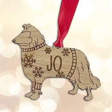 Load image into Gallery viewer, Personalised Rough Collie Bauble Jumper Dog Bauble - Oak Veneer Wood - Add any name
