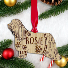 Load image into Gallery viewer, Personalised Bearded Collie Bauble Jumper Dog Bauble - Oak Veneer Wood - Add any name