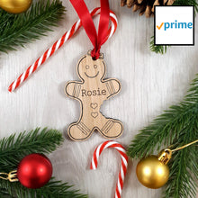 Load image into Gallery viewer, Personalised Gingerbread Person Tree Decoration - Sustainable Oak Wooden Bauble