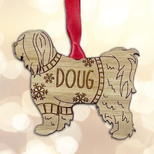 Load image into Gallery viewer, Personalised Tibetan Terrier Bauble Jumper Dog Bauble - Oak Veneer Wood - Add any name
