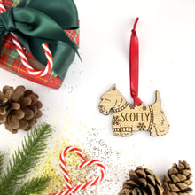 Load image into Gallery viewer, Personalised Scottie Bauble Jumper Dog Bauble - Oak Veneer Wood - Add any name
