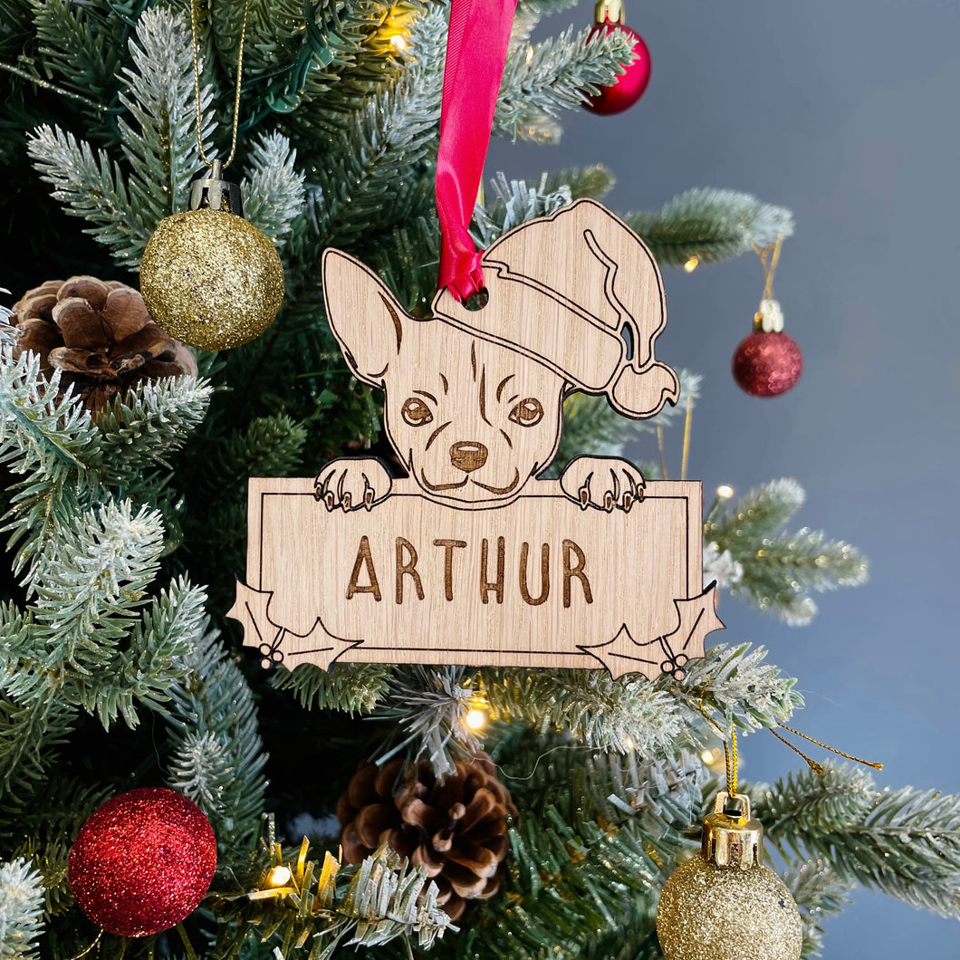Personalised Chihuahua Dog Bauble - Peeking Dog - Oak Veneer Wood - Add your own name!