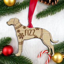 Load image into Gallery viewer, Personalised Rhodesian Bauble Jumper Dog Bauble - Oak Veneer Wood - Add any name
