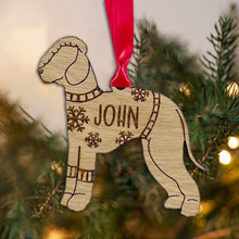 Load image into Gallery viewer, Personalised Bedlington Bauble Jumper Dog Bauble - Oak Veneer Wood - Add any name
