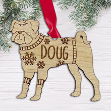 Load image into Gallery viewer, Personalised Pug Bauble Jumper Dog Bauble - Oak Veneer Wood - Add any name
