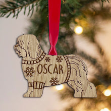 Load image into Gallery viewer, Personalised Old English Sheepdog Bauble Jumper Dog Bauble - Oak Veneer Wood - Add any name
