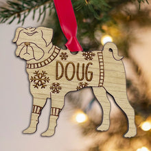 Load image into Gallery viewer, Personalised Pug Bauble Jumper Dog Bauble - Oak Veneer Wood - Add any name
