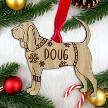 Load image into Gallery viewer, Personalised Blood Hound Bauble Jumper Dog Bauble - Oak Veneer Wood - Add any name
