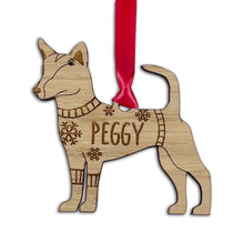Load image into Gallery viewer, Personalised Portuguese Podengo Bauble Jumper Dog Bauble - Oak Veneer Wood - Add any name
