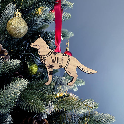 Personalised German Shepherd Bauble Jumper Dog Bauble - Oak Veneer Wood - Add any name