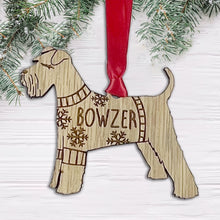 Load image into Gallery viewer, Personalised Schnauzer Bauble Jumper Dog Bauble - Oak Veneer Wood - Add any name
