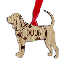 Load image into Gallery viewer, Personalised Blood Hound Bauble Jumper Dog Bauble - Oak Veneer Wood - Add any name
