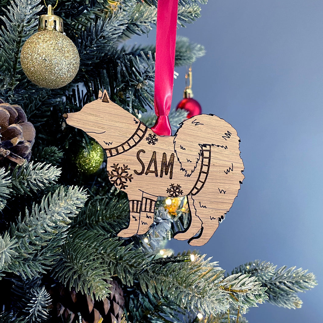 Personalised Samoyed Bauble Jumper Dog Bauble - Oak Veneer Wood - Add any name