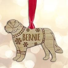 Load image into Gallery viewer, Personalised St Bernard Bauble Jumper Dog Bauble - Oak Veneer Wood - Add any name
