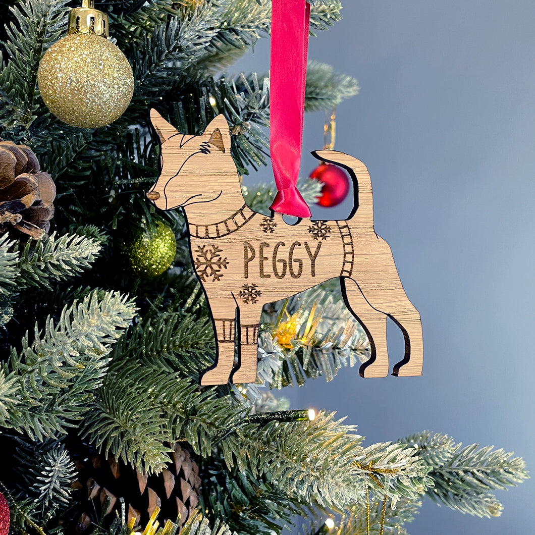 Personalised Portuguese Podengo Bauble Jumper Dog Bauble - Oak Veneer Wood - Add any name