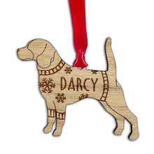 Load image into Gallery viewer, Personalised Beagle Bauble Jumper Dog Bauble - Oak Veneer Wood - Add any name
