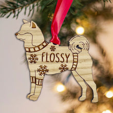 Load image into Gallery viewer, Personalised Akita Bauble Jumper Dog Bauble - Oak Veneer Wood - Add any name
