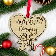 Load image into Gallery viewer, Personalised Mr &amp; Mrs Stick Figure Tree Decoration - Sustainable Oak Wooden Bauble
