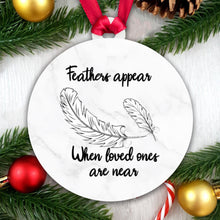 Load image into Gallery viewer, Acrylic Sublimation Bauble - Feathers appear... [White Marble / Black Ribbon]
