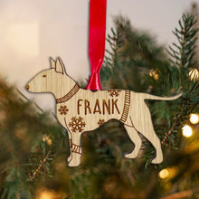 Load image into Gallery viewer, Personalised English Bull Terrier Bauble Jumper Dog Bauble - Oak Veneer Wood - Add any name
