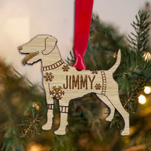 Load image into Gallery viewer, Personalised Patterdale Bauble Jumper Dog Bauble - Oak Veneer Wood - Add any name
