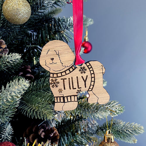 Personalised Bichon Frise Bauble Jumper Dog Bauble - Oak Veneer Wood - Add any name