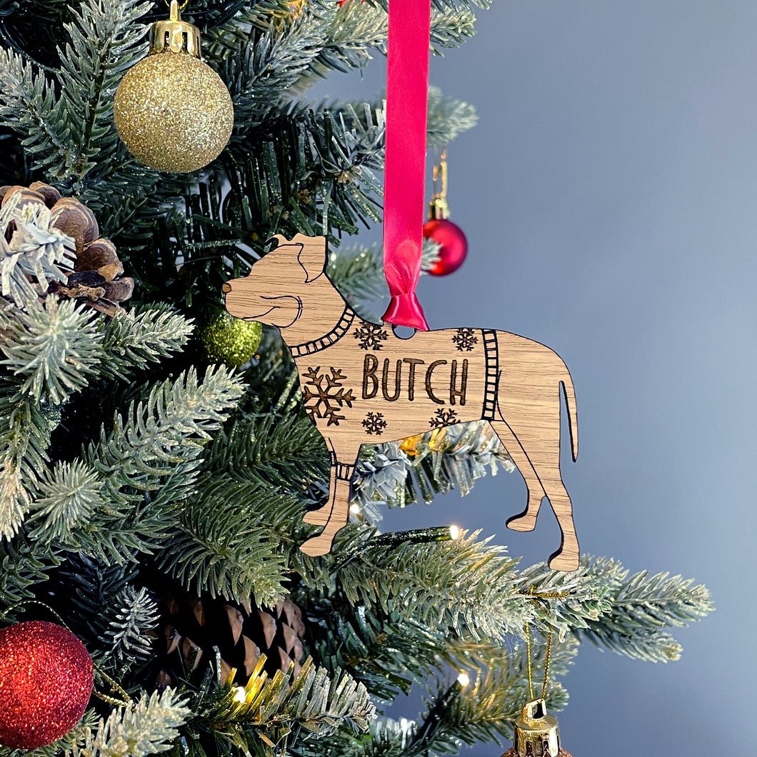 Personalised Pitfall Bauble Jumper Dog Bauble - Oak Veneer Wood - Add any name