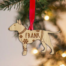 Load image into Gallery viewer, Personalised English Bull Terrier Bauble Jumper Dog Bauble - Oak Veneer Wood - Add any name
