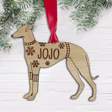 Load image into Gallery viewer, Personalised Greyhound Bauble Jumper Dog Bauble - Oak Veneer Wood - Add any name
