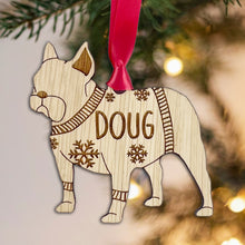 Load image into Gallery viewer, Personalised French Bulldog Bauble Jumper Dog Bauble - Oak Veneer Wood - Add any name
