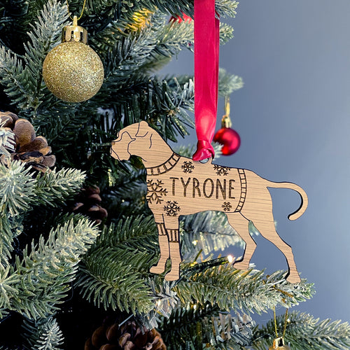 Personalised Boxer Bauble Jumper Dog Bauble - Oak Veneer Wood - Add any name