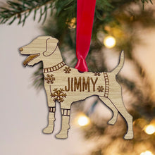 Load image into Gallery viewer, Personalised Patterdale Bauble Jumper Dog Bauble - Oak Veneer Wood - Add any name
