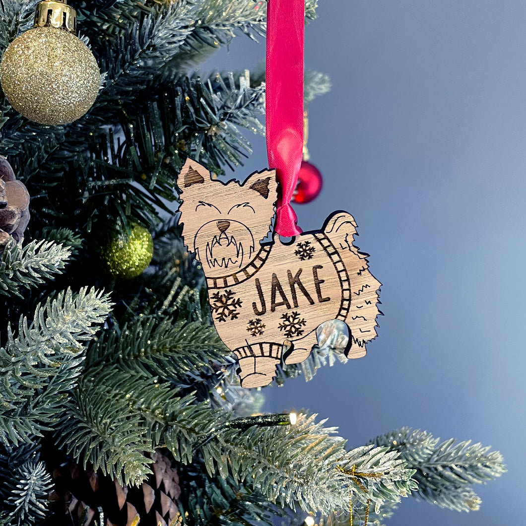 Personalised Yorkshire Terrier Bauble Jumper Dog Bauble - Oak Veneer Wood - Add any name
