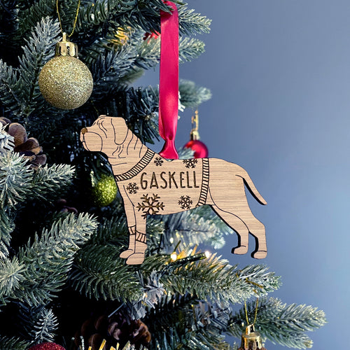 Personalised French Mastiff Bauble Jumper Dog Bauble - Oak Veneer Wood - Add any name