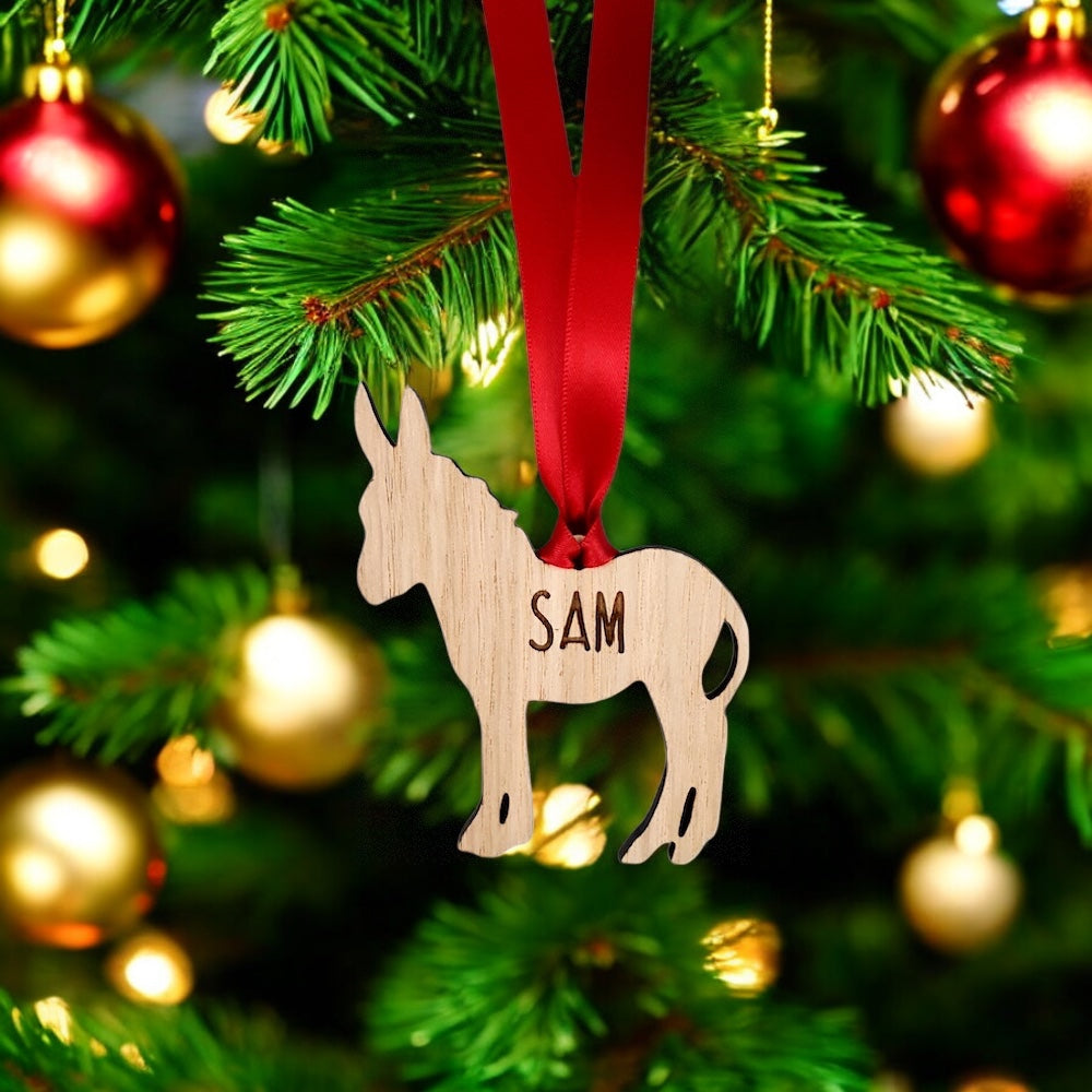 Personalised Donkey Tree Decoration - Sustainable Oak Wooden Bauble