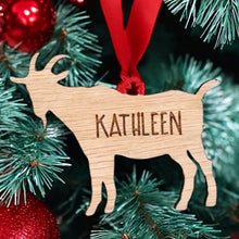 Load image into Gallery viewer, Personalised Goat Tree Decoration - Sustainable Oak Wooden Bauble
