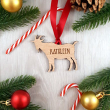 Load image into Gallery viewer, Personalised Goat Tree Decoration - Sustainable Oak Wooden Bauble
