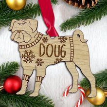Load image into Gallery viewer, Personalised Pug Bauble Jumper Dog Bauble - Oak Veneer Wood - Add any name
