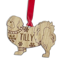 Load image into Gallery viewer, Personalised Tibetan Spaniel Bauble Jumper Dog Bauble - Oak Veneer Wood - Add any name

