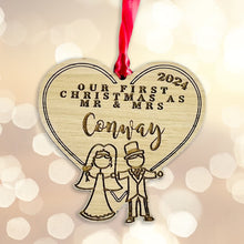 Load image into Gallery viewer, Personalised Mr &amp; Mrs Stick Figure Tree Decoration - Sustainable Oak Wooden Bauble

