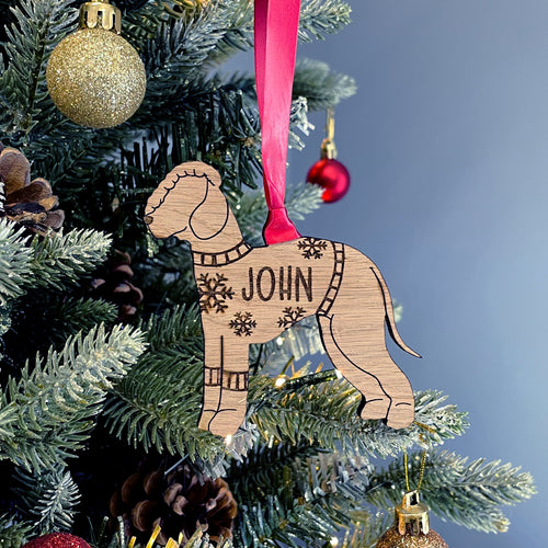 Personalised Bedlington Bauble Jumper Dog Bauble - Oak Veneer Wood - Add any name