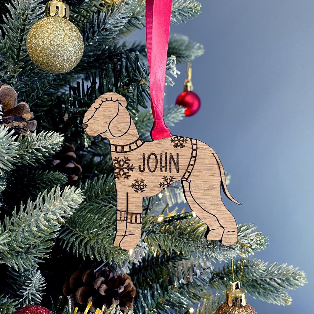 Personalised Bedlington Bauble Jumper Dog Bauble - Oak Veneer Wood - Add any name