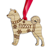 Load image into Gallery viewer, Personalised Akita Bauble Jumper Dog Bauble - Oak Veneer Wood - Add any name
